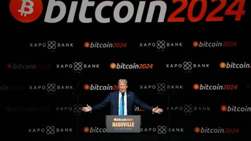 FILE - Republican presidential nominee former President Donald Trump speaks at the Bitcoin 2024 Conference July 27, 2024, in Nashville, Tenn. (AP Photo/Mark Humphrey, File)