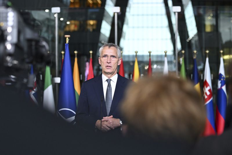 NATO Secretary General Jens Stoltenberg makes statements during a transition ceremony at NATO headquarters in Brussels, Belgium, Tuesday, Oct. 1, 2024. (AP Photo/Harry Nakos)