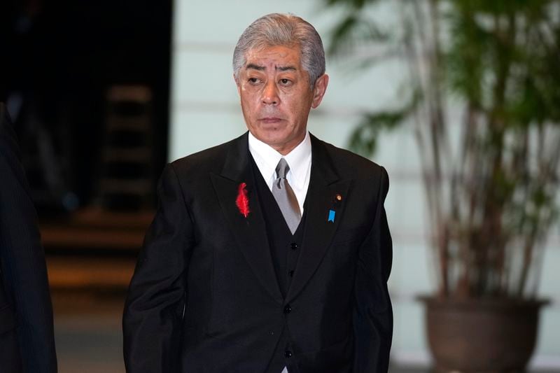 Takeshi Iwaya, newly appointed minister for Foreign Affairs, arrives at the prime minister's office Tuesday, Oct. 1, 2024, in Tokyo. (AP Photo/Hiro Komae)