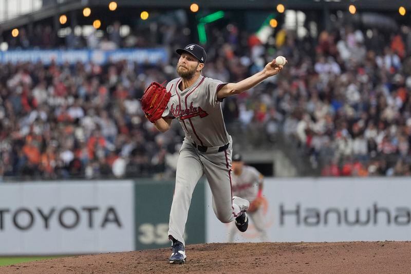 Atlanta Braves pitcher Chris Sale works against the San Francisco Giants during the fifth inning of a baseball game in San Francisco, Monday, Aug. 12, 2024. (AP Photo/Jeff Chiu)