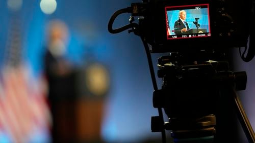 President Joe Biden, seen on a video camera screen, speaks at a news conference Thursday July 11, 2024, on the final day of the NATO summit in Washington. (AP Photo/Jacquelyn Martin)