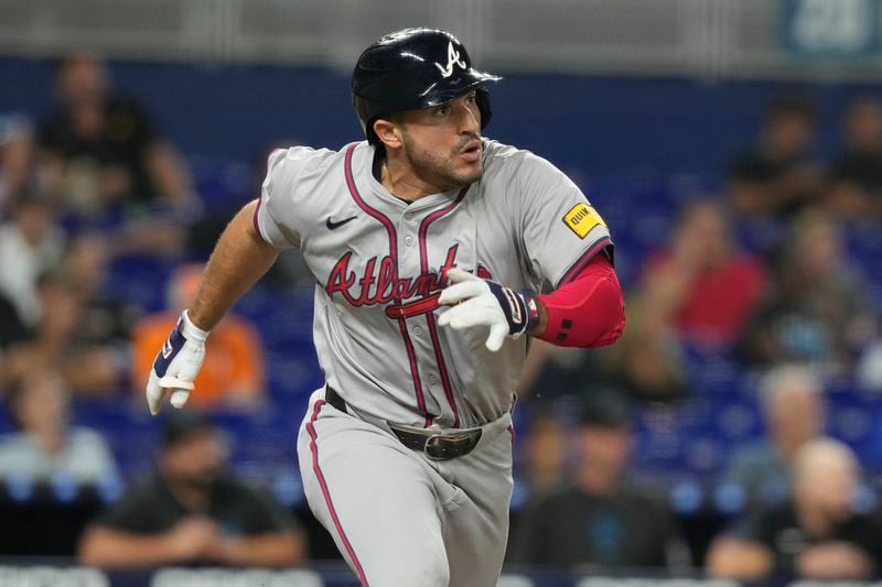 Atlanta Braves' Ramón Laureano runs after hitting a home run during the sixth inning of a baseball game against the Miami Marlins, Friday, Sept. 20, 2024, in Miami. (AP Photo/Marta Lavandier)