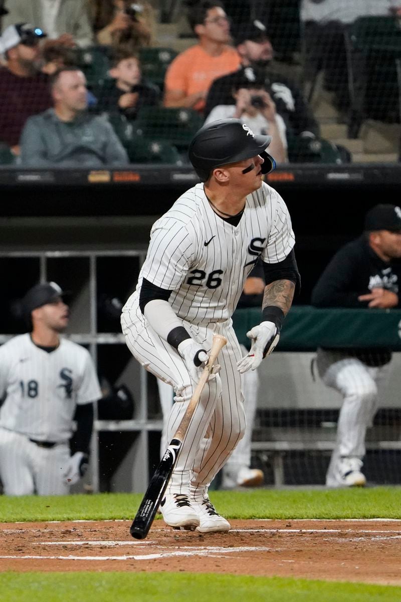 Chicago White Sox's Korey Lee watches his two-run home run against the Los Angeles Angels during second inning of a baseball game, Wednesday, Sept. 25, 2024, in Chicago. (AP Photo/David Banks)