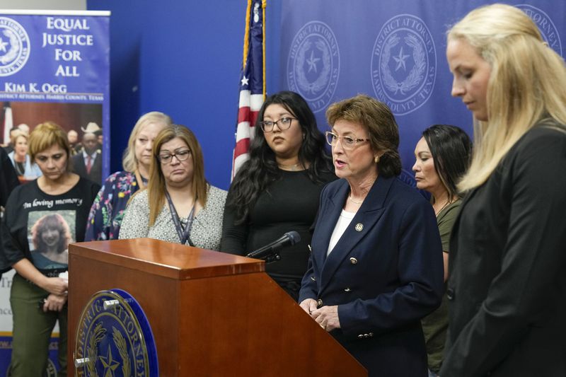 District Attorney Kim Ogg speaks to the media during a news conference after Franklin Peña, one of the two men accused of killing 12-year-old Jocelyn Nungaray, appeared in court, Monday, June 24, 2024, in Houston. Peña was ordered held on $10 million bail as he and another man, Johan Jose Rangel-Martinez, are charged with capital murder over the girl's death. (Brett Coomer/Houston Chronicle via AP)