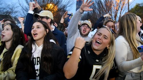 Georgia Tech fans cheer as they wait for Ludacris’s performance during Block Party prior to an NCAA college football game between Georgia Tech and Georgia at Georgia Tech's Bobby Dodd Stadium, Saturday, November 25, 2023, in Atlanta. (Hyosub Shin / Hyosub.Shin@ajc.com)