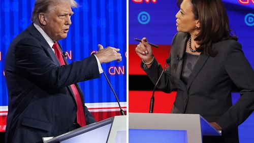 This combination photo shows Republican presidential candidate former President Donald Trump speaking during a presidential debate, June 27, 2024, in Atlanta, left, and Sen. Kamala Harris, D-Calif., speaking during a Democratic presidential primary debates, July 31, 2019, in Detroit. (AP Photo)