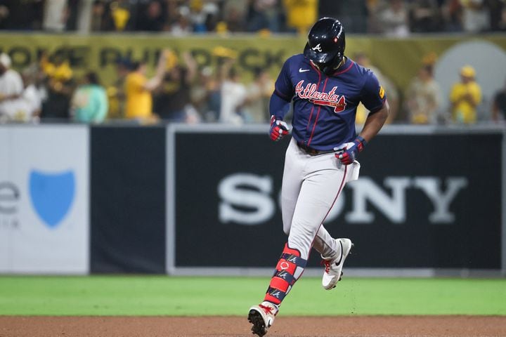 Atlanta Braves’ Jorge Soler reacts after a pop out against the San Diego Padres during the ninth inning of National League Division Series Wild Card Game Two at Petco Park in San Diego on Wednesday, Oct. 2, 2024. Atlanta lost 5-4 allowing the Padres to advance to the Division Series and face the Los Angeles Dodgers.  (Jason Getz / Jason.Getz@ajc.com)