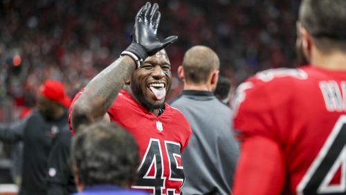 Atlanta Falcons middle linebacker Deion Jones (45) celebrates after incepting the ball late in the fourth quarter  against the New Orleans Saints Thursday, Dec. 7, 2017, at Mercedes-Benz Stadium in Atlanta.