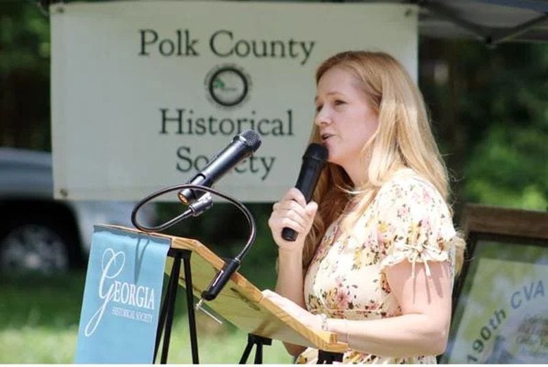 Polk County Historical Society Director Arleigh Johnson welcomes the crowd to the unveiling of the Cedar Valley Academy historical marker in Cedartown on Saturday, June 8. (Photo Courtesy of Jeremy Stewart)
