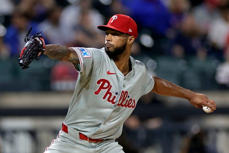 Philadelphia Phillies' Cristopher Sanchez pitches during the first inning of a baseball game against the New York Mets, Friday, Sept. 20, 2024, in New York. (AP Photo/Adam Hunger)