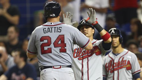 Atlanta Braves' Evan Gattis (24) celebrates with Ramiro Pena during the 10th inning of a baseball game in Miami against the Miami Marlins, Saturday, Sept. 6, 2014. His hit was ruled a home run rather than a triple. The Braves won 4-3 in the 10th inning. (AP Photo/J Pat Carter)
