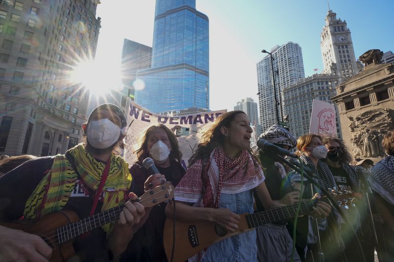 Protesters demonstrate prior to the Democratic National Convention Sunday, Aug. 18, 2024, in Chicago. (AP Photo/Alex Brandon)