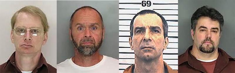 This combination image of police booking photos from the Pennsylvania and Oklahoma departments of corrections shows, from left: David John Cannon, 2008; Ernie Bevilacqua, 2012; Richard A. Bowen, 1994; and Kenneth Leon Knight, 2008. (Pennsylvania and Oklahoma Departments of Corrections via AP)