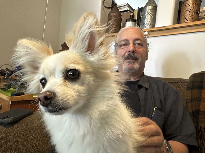 FILE - James Pelletier holds his dog, a papillon-Chihuahua mix named Lilly, at his Seattle home on June 30, 2023. Pelletier has tried new methods to help Lilly get through the stress of July Fourth fireworks, including placing sound-dulling foam over a basement window and playing loud recorded synthesizer sounds in an attempt to drown out the fireworks sounds. (AP Photo/Gene Johnson, File)