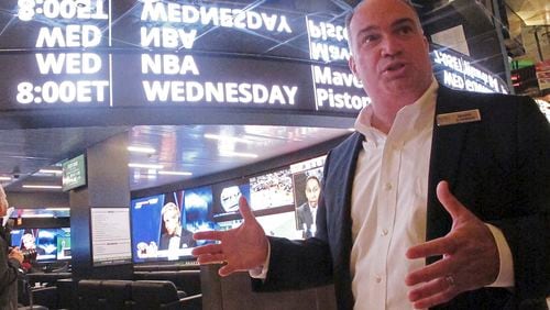 Resorts casino president Mark Giannantonio speaks in front of the DraftKings sports book at his casino in Atlantic City, N.J., Oct. 8, 2019. (AP Photo/Wayne Parry)