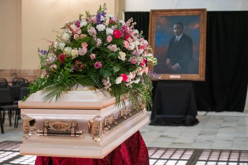The casket that holds Dr. Christine King Farris at the lying in state ceremony in Atlanta on Friday, July 14, 2023. (Katelyn Myrick/katelyn.myrick@ajc.com)