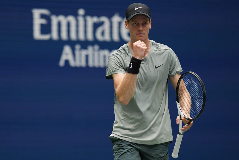 Jannik Sinner, of Italy, reacts after scoring a point against Alex Michelsen, of the United States, during the second round of the U.S. Open tennis championships, Thursday, Aug. 29, 2024, in New York. (AP Photo/Julia Nikhinson)