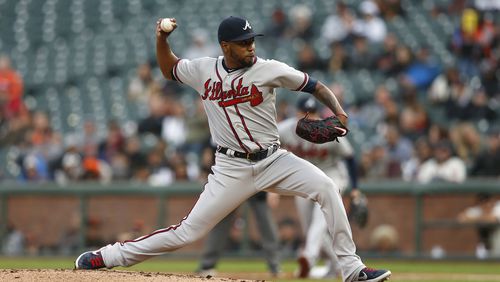 Julio Teheran of the Braves pitches against the San Francisco Giants at Oracle Park on May 21, 2019 in San Francisco, California. (Photo by Lachlan Cunningham/Getty Images)