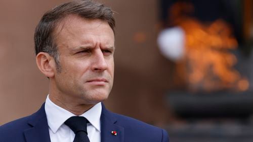 French President Emmanuel Macron attends a ceremony marking the 84th anniversary of late French General Charles de Gaulle's World War II resistance call of June 18, 1940, at the Mont-Valerien memorial in Suresnes, outside Paris, Tuesday, June 18, 2024. French President Emmanuel Macron dissolved the National Assembly, parliament's lower house, in a shock response to a humbling defeat by the far right in the European Parliament election on June 9. (Ludovic Marin, Pool via AP)