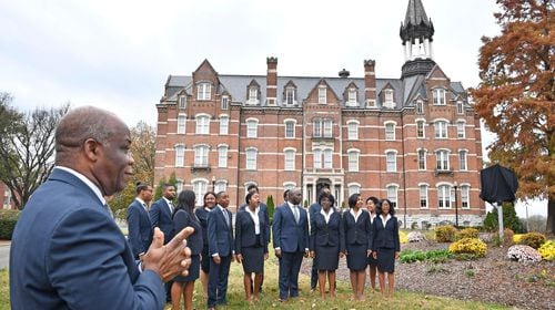 Dr. Paul T Kwami, Musical Director of the Fisk Jubilee Singers, listens as the Fisk Jubilee Singers sing a song as they were honored with a historic marker on the Fisk University campus. The marker commemorates the Singers and their departure from campus in 1871 to tour the United States and abroad to raise funds for Fisk University.