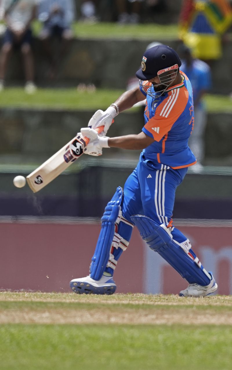 India's Rishabh Pant plays a shot during the ICC Men's T20 World Cup cricket match between India and Bangladesh at Sir Vivian Richards Stadium in North Sound, Antigua and Barbuda, Saturday, June 22, 2024. (AP Photo/Lynne Sladky)