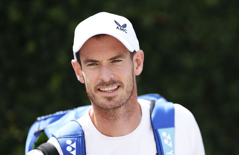 Britain's Andy Murray reacts on the practice court at the All England Lawn Tennis and Croquet Club in Wimbledon, London, Saturday June 29, 2024. The Wimbledon Championships begin on July 1. (John Walton/PA via AP)