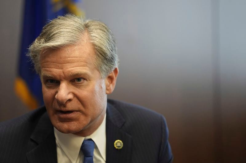 FBI Director Christopher Wray answers questions during an interview, Wednesday, Aug. 21, 2024, in Brooklyn Center, Minn. (AP Photo/Abbie Parr)