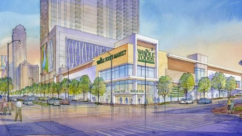 An artists rendering shows a Midtown location of a planned Whole Foods Market at 14th and West Peachtree Streets. A similar development is planned at North Decatur Road and Church Street near Decatur.