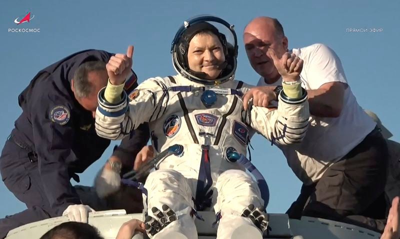 In this photo taken from video released by Roscosmos space corporation, rescue team members help Roscosmos cosmonaut Oleg Kononenko to leave the capsule shortly after the landing of the Russian Soyuz MS-25 space capsule carrying the NASA astronaut Tracy Dyson and the Roscosmos cosmonauts Oleg Kononenko and Nikolai Chub, south-east of the Kazakh town of Zhezkazgan, Kazakhstan, Monday, Sept. 23, 2024. (Roscosmos space corporation via AP)