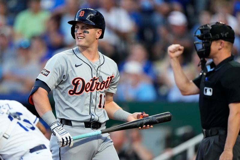 Detroit Tigers' Jace Jung reacts after striking out with the bases loaded during the first inning of a baseball game against the Kansas City Royals Wednesday, Sept. 18, 2024, in Kansas City, Mo. (AP Photo/Charlie Riedel)