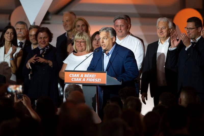 Hungarian Prime Minister Viktor Orban addresses the media after receiving the results of the European Parliamentary elections in Budapest, Hungary, Monday, June 10, 2024. (AP Photo/Denes Erdos)