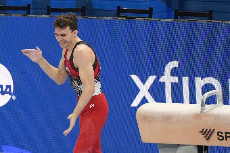 Stephen Nedoroscik competes on the pommel horse at the United States Gymnastics Olympic Trials on Saturday, June 29, 2024, in Minneapolis. (AP Photo/Abbie Parr)
