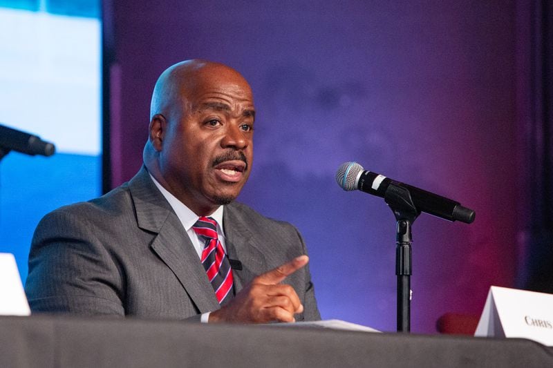 Clayton County Sheriff candidate Chris Storey debates at Tabernacle of Praise Church International in Jonesboro on Tuesday, Jan 31, 2023. (Jenni Girtman for Atlanta Journal-Constitution)