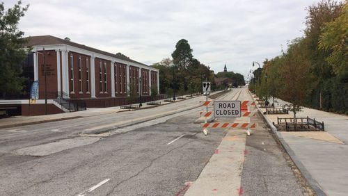 Future bike lanes (right) along Martin Luther King Jr. Drive near the Mercedes Benz Stadium. (Photo by Bill Torpy)