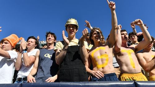 Georgia Tech fans cheer before their home game against Boston College at Georgia Tech's Bobby Dodd Stadium, Saturday, October 21, 2023, in Atlanta. (Hyosub Shin / Hyosub.Shin@ajc.com)