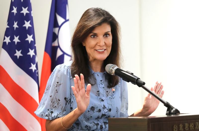 Nikki Haley, former United States Ambassador to the United Nations, speaks to media during her press conference before leaving Taipei, Taiwan, Saturday, Aug. 24, 2024. (AP Photo/Chiang Ying-ying)