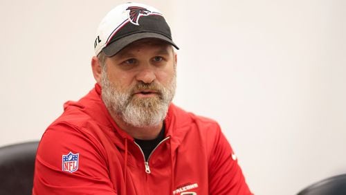 Atlanta Falcons defensive line coach Jay Rodgers talks during media availability during OTAs, Wednesday, June 5, 2024, in Flowery Branch, Ga. (Jason Getz / AJC)
