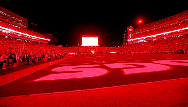 Sanford Stadium is bathed in red light to open the fourth quarter as the Bulldogs face Notre Dame Saturday, Sept. 21, 2019, in Athens.  (Curtis Compton/ccompton@ajc.com)