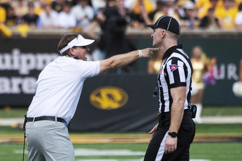 Missouri head coach Eliah Drinkwitz argues a penalty during the second half of an NCAA college football game against Boston College Saturday, Sept. 14, 2024, in Columbia, Mo. Missouri won 27-21. (AP Photo/L.G. Patterson)