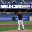 San Diego Padres pitcher Michael King throws during a baseball practice a day before the first game of a National League wild-card baseball series against the Atlanta Braves, Monday, Sept. 30, 2024, in San Diego. (AP Photo/Gregory Bull)