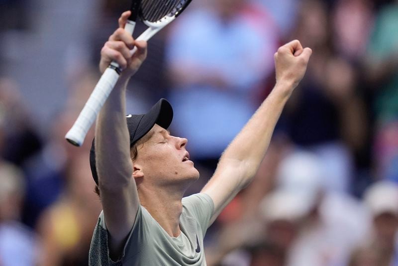 Jannik Sinner, of Italy, reacts after defeating Jack Draper, of Great Britain, during the men's singles semifinal of the U.S. Open tennis championships, Friday, Sept. 6, 2024, in New York. (AP Photo/Julia Nikhinson)