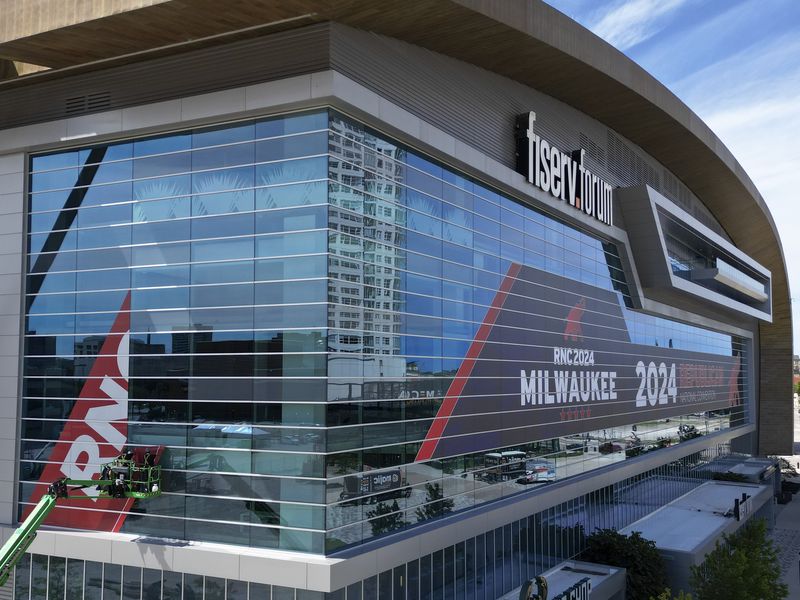 The Fiserv Forum stands Thursday, June 27, 2024, in Milwaukee. The Wisconsin city is scheduled to host the 2024 Republican National Convention. (AP Photo/Morry Gash)