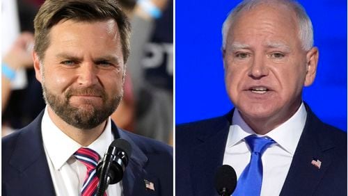 This combination of images shows Republican vice presidential nominee Sen. JD Vance, R-Ohio, at left in Erie, Pa., Aug. 28, 2024, and Democratic vice presidential candidate Minnesota Gov. Tim Walz speaking at the DNC in Chicago, Aug. 21, 2024, in Chicago. (AP Photo)