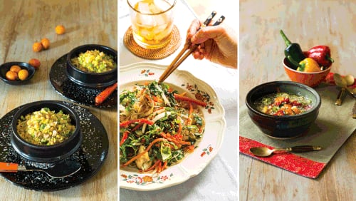 Recipes from Natalie Keng, author of “Egg Rolls & Sweet Tea: Asian Inspired, Southern Style” (Gibbs Smith, $32), include (from left) Curried Coconut-Cauliflower Fried “Rice,” Japchae-Inspired Glass Noodles with Swiss Chard, and Hot Hot Hunan Fresh Chile Sambal. (Photos courtesy of Deborah Whitlaw Llewellyn)