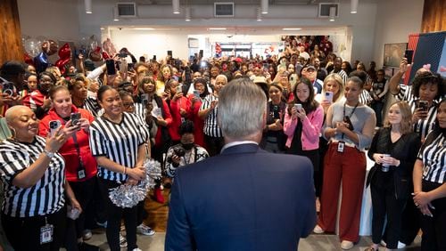 Delta CEO Ed Bastian addresses employee at the Atlanta Customer Engagement Center in Hapeville on Wednesday, Feb. 14, 2024 during a profit sharing day celebration. (Ben Gray / Ben@BenGray.com)