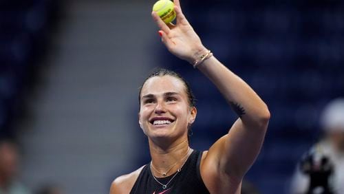 Aryna Sabalenka, of Belarus, reacts to winning a match against Erika Andreeva, of Russia, in the third round of the U.S. Open tennis championships Saturday, Aug. 31, 2024, in New York. (AP Photo/Julia Nikhinson)