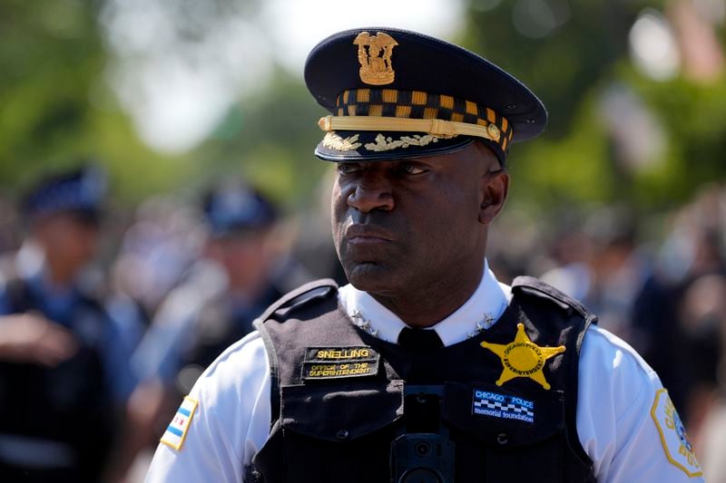 Chicago Police Superintendent Larry Snelling watches a march to the Democratic National Convention Monday, Aug. 19, 2024, in Chicago. (AP Photo/Alex Brandon)