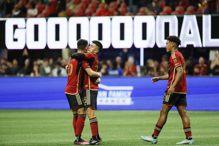 Atlanta United midfielder Thiago Almada (23) celebrates Luis Araújo's goal during the first half against Liga MX Toluca of an exhibition match on Wednesday, Feb 15, 2023, in Atlanta.
 Miguel Martinez / miguel.martinezjimenez@ajc.com