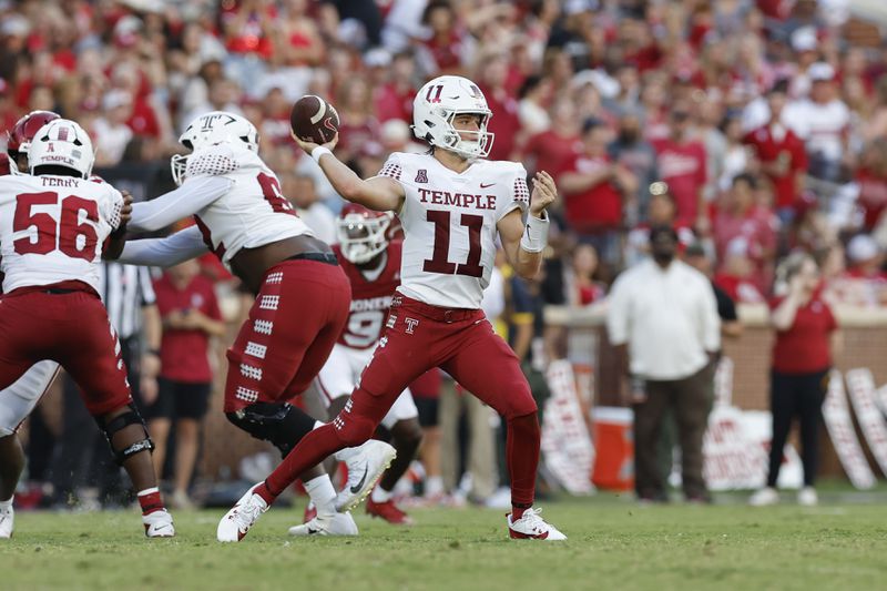 Temple quarterback Forrest Brock (11) passes against Oklahoma during the first quarter of an NCAA college football game Friday, Aug. 30, 2024, in Norman, Okla. (AP Photo/Alonzo Adams)