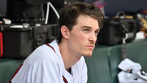 Braves starting pitcher Max Fried sits in the dugout after giving up scores during the first inning of game one of the baseball playoff series between the Braves and the Phillies at Truist Park in Atlanta on Tuesday, October 11, 2022. (Hyosub Shin / Hyosub.Shin@ajc.com)